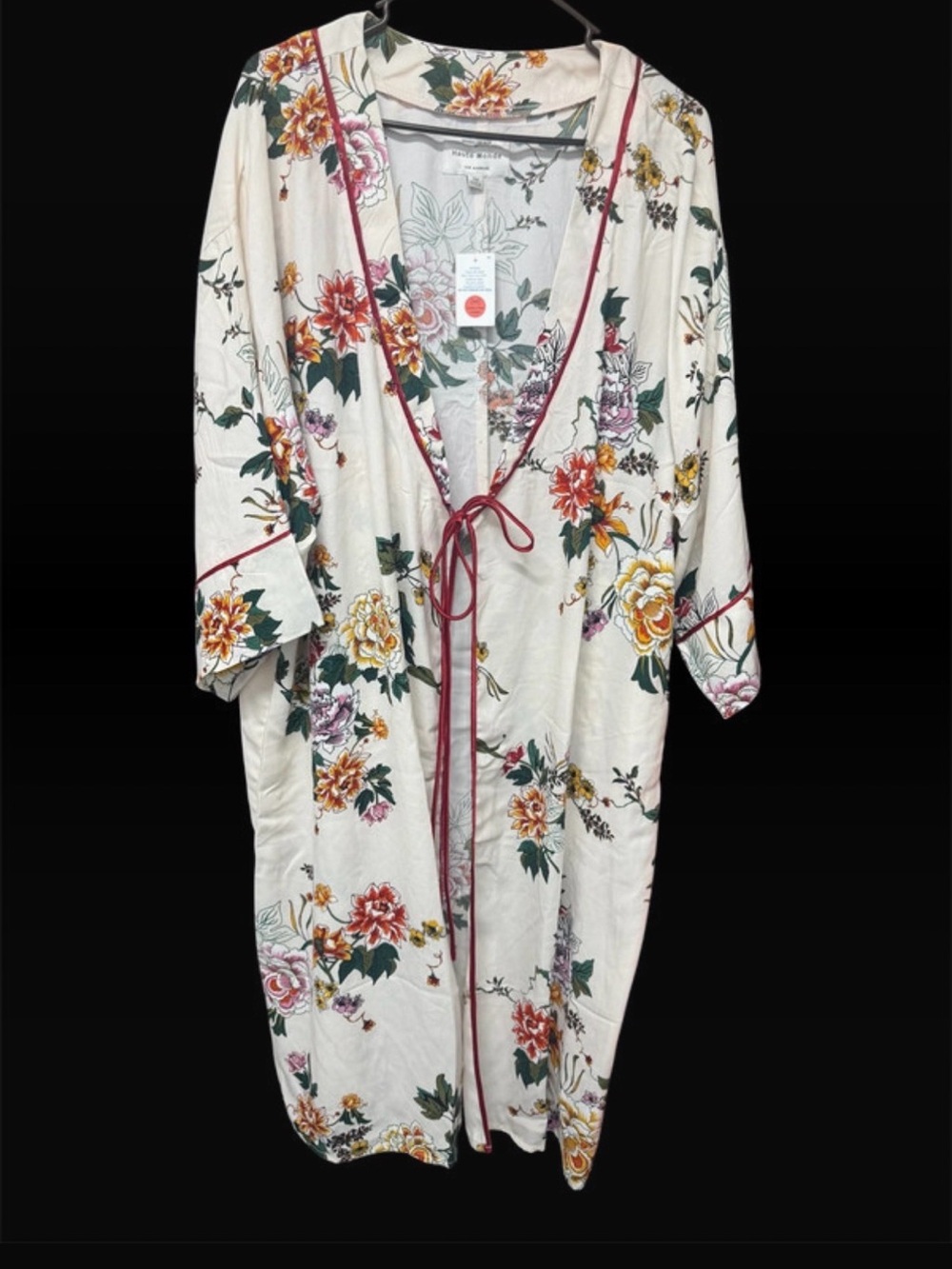 Haute Monde Cream Floral Tie-Front Kimono Robe with Pink Trim